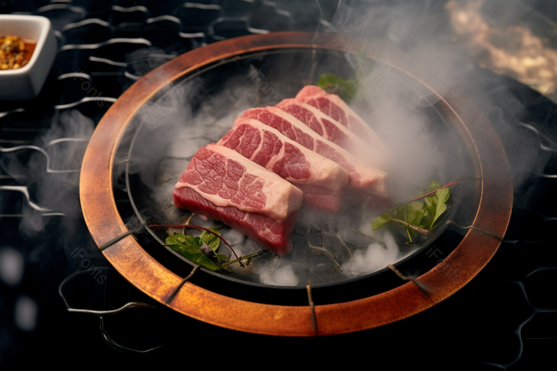 日本料理热气腾腾的牛肉铁锅烤肉黑色背景,高清,摄影图,摄影图片,图片大全,摄影图免费下载